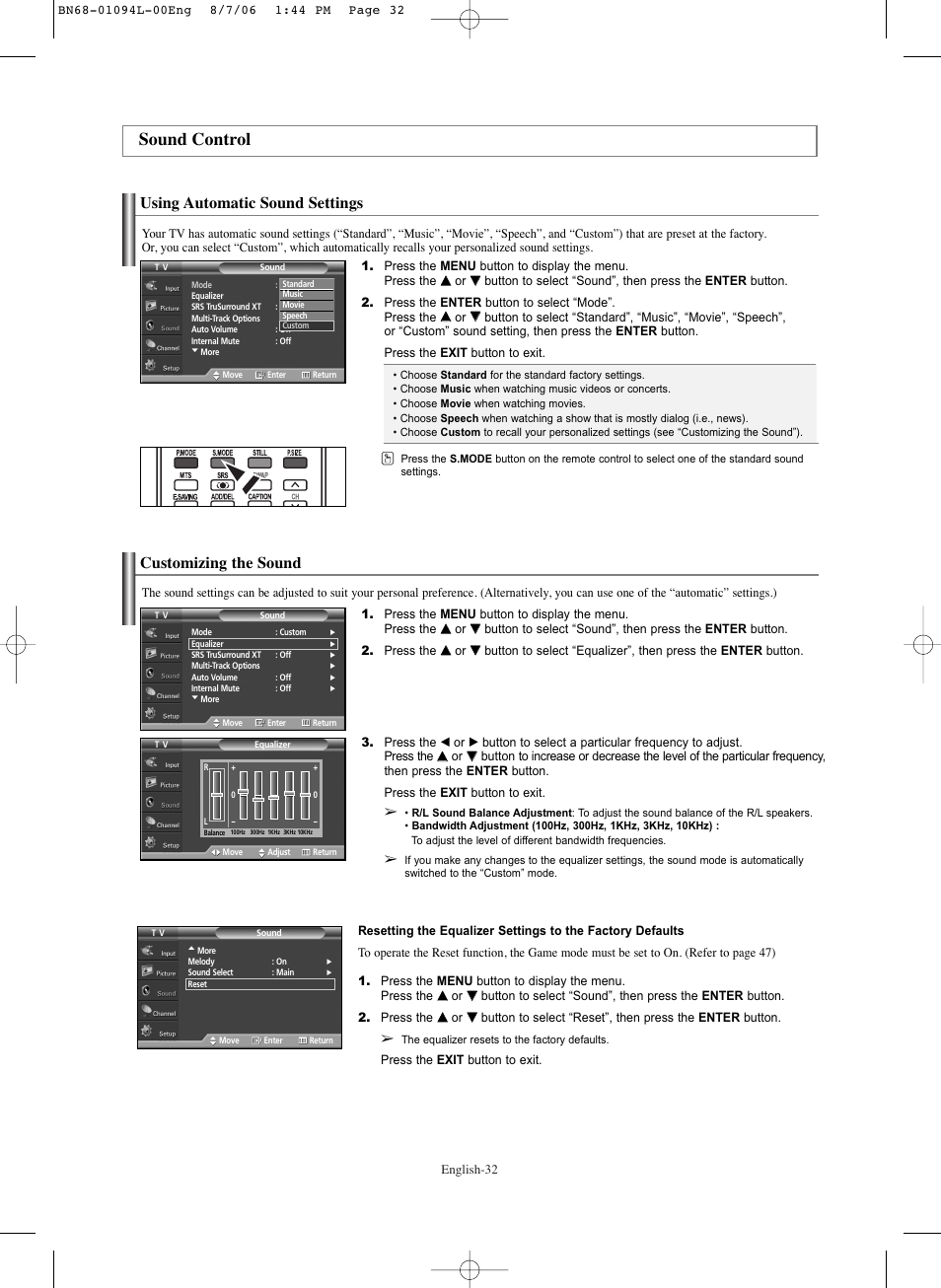 Sound control, Using automatic sound settings, Customizing the sound | Samsung HPS5073X-XAA User Manual | Page 32 / 76