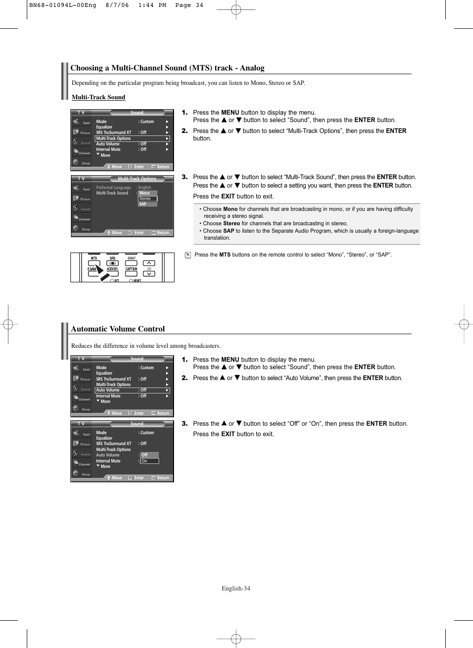 Choosing a multi-channel sound(mts)track-analog, Automatic volume control | Samsung HPS5073X-XAA User Manual | Page 34 / 76