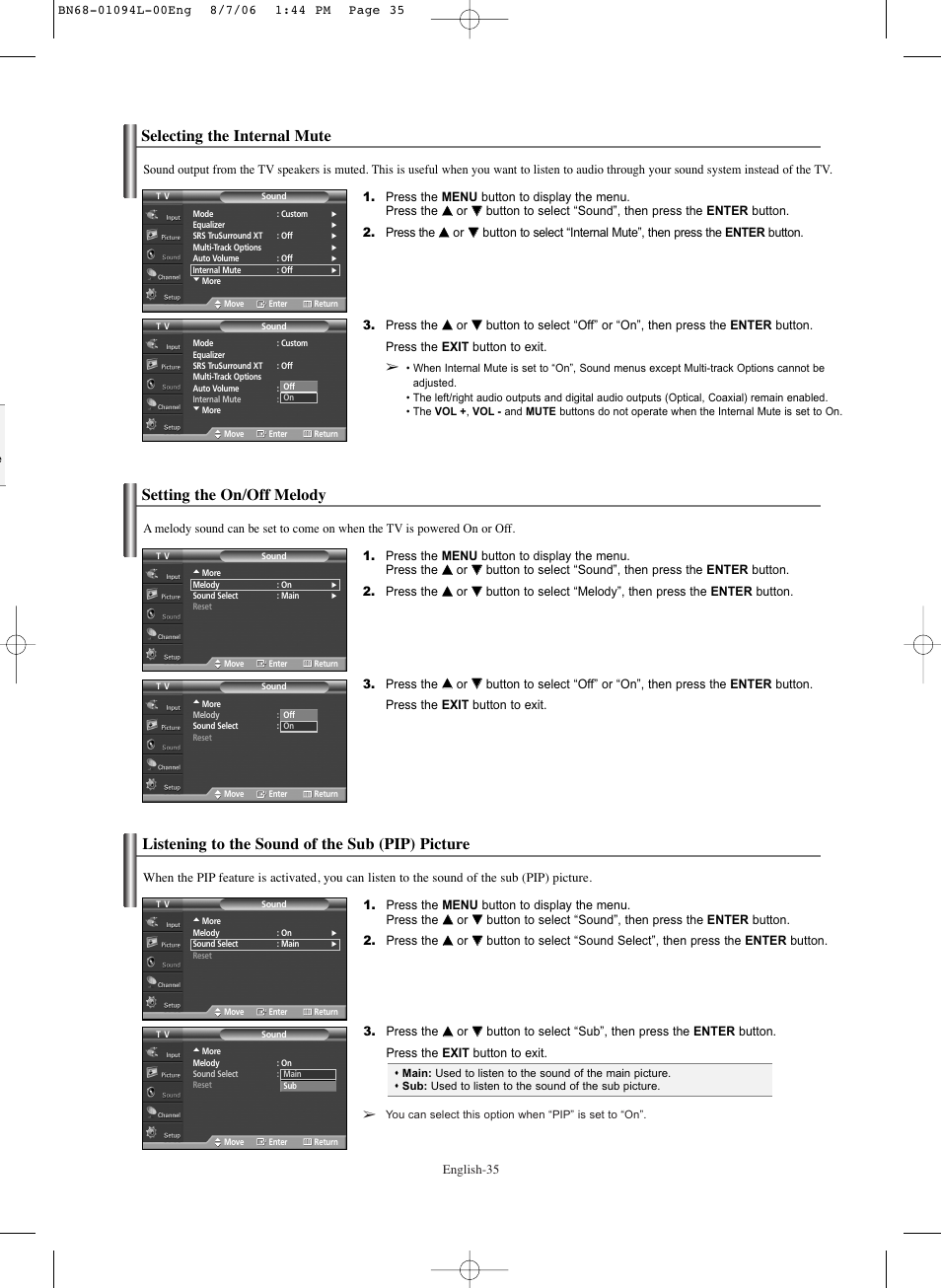 Selecting the internal mute, Setting the on/off melody, Listening to the sound of the sub(pip)picture | Listening to the sound of the sub (pip) picture | Samsung HPS5073X-XAA User Manual | Page 35 / 76