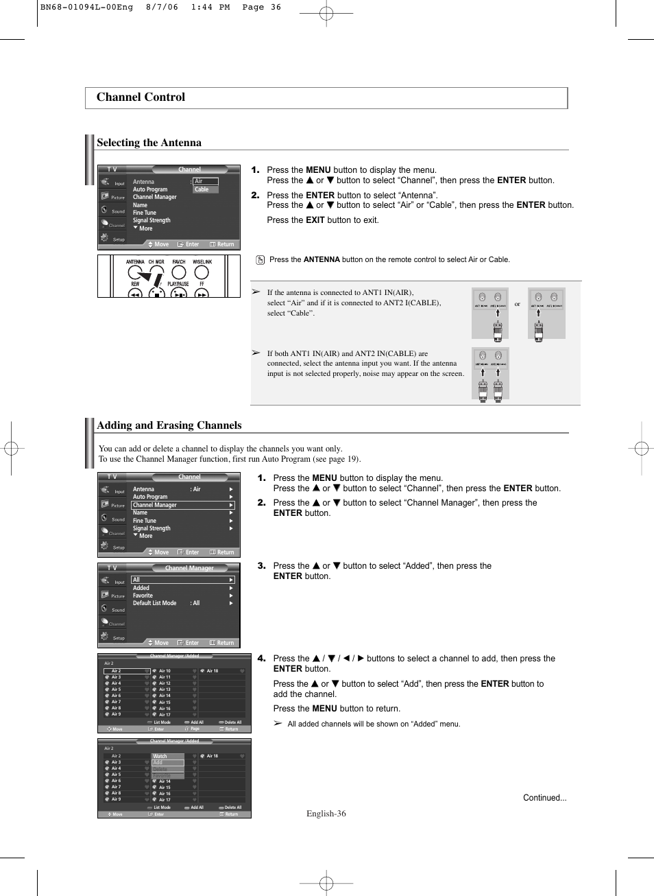 Channel control, Selecting the antenna, Adding and erasing channels | Samsung HPS5073X-XAA User Manual | Page 36 / 76