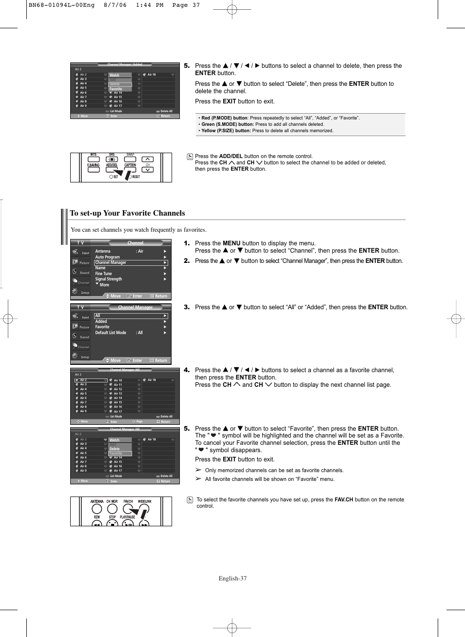 To set-up your favorite channels, English-37 | Samsung HPS5073X-XAA User Manual | Page 37 / 76