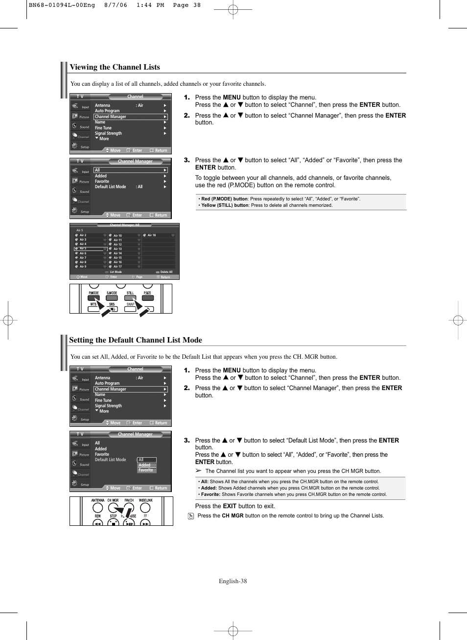 Viewing the channel lists, Setting the default channel list mode | Samsung HPS5073X-XAA User Manual | Page 38 / 76