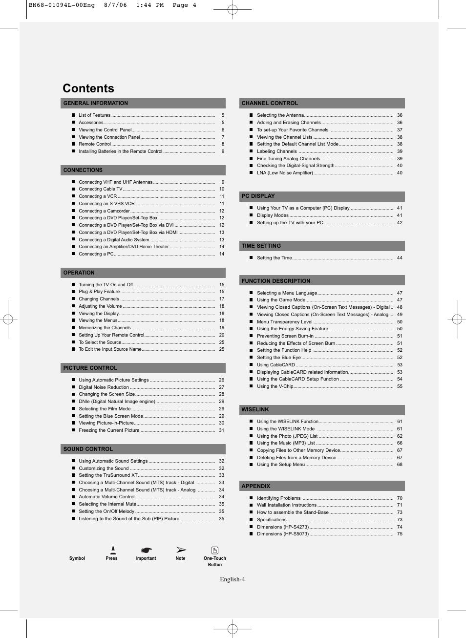 Samsung HPS5073X-XAA User Manual | Page 4 / 76