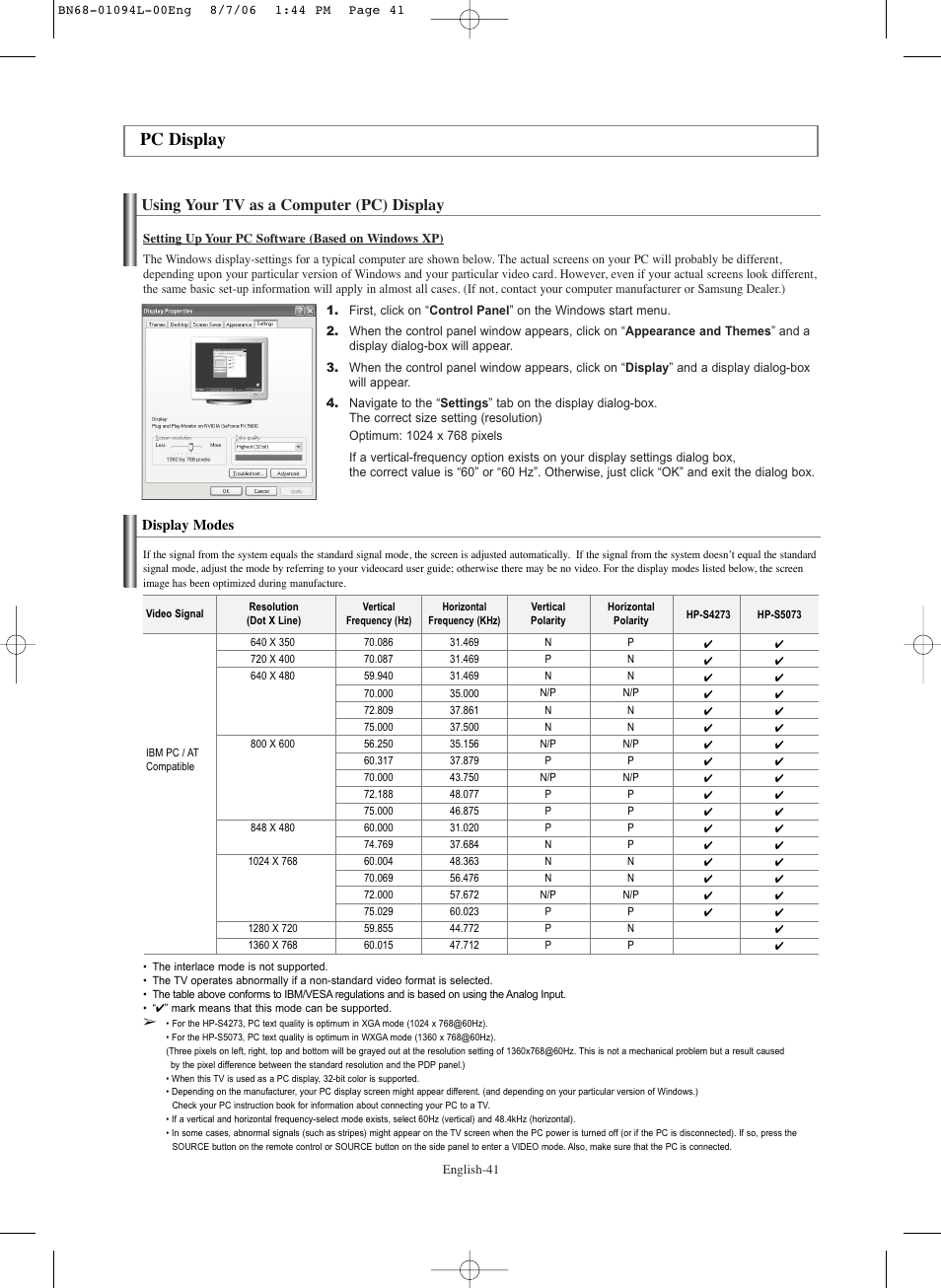 Pc display, Using your tv as a computer(pc)display, Display modes | Using your tv as a computer (pc) display | Samsung HPS5073X-XAA User Manual | Page 41 / 76