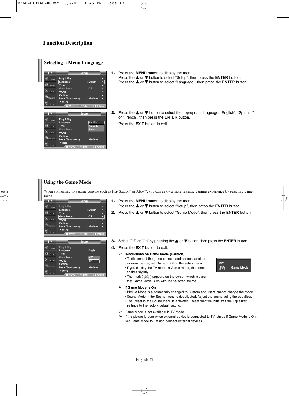 Function description, Selecting a menu language, Using the game mode | Samsung HPS5073X-XAA User Manual | Page 47 / 76