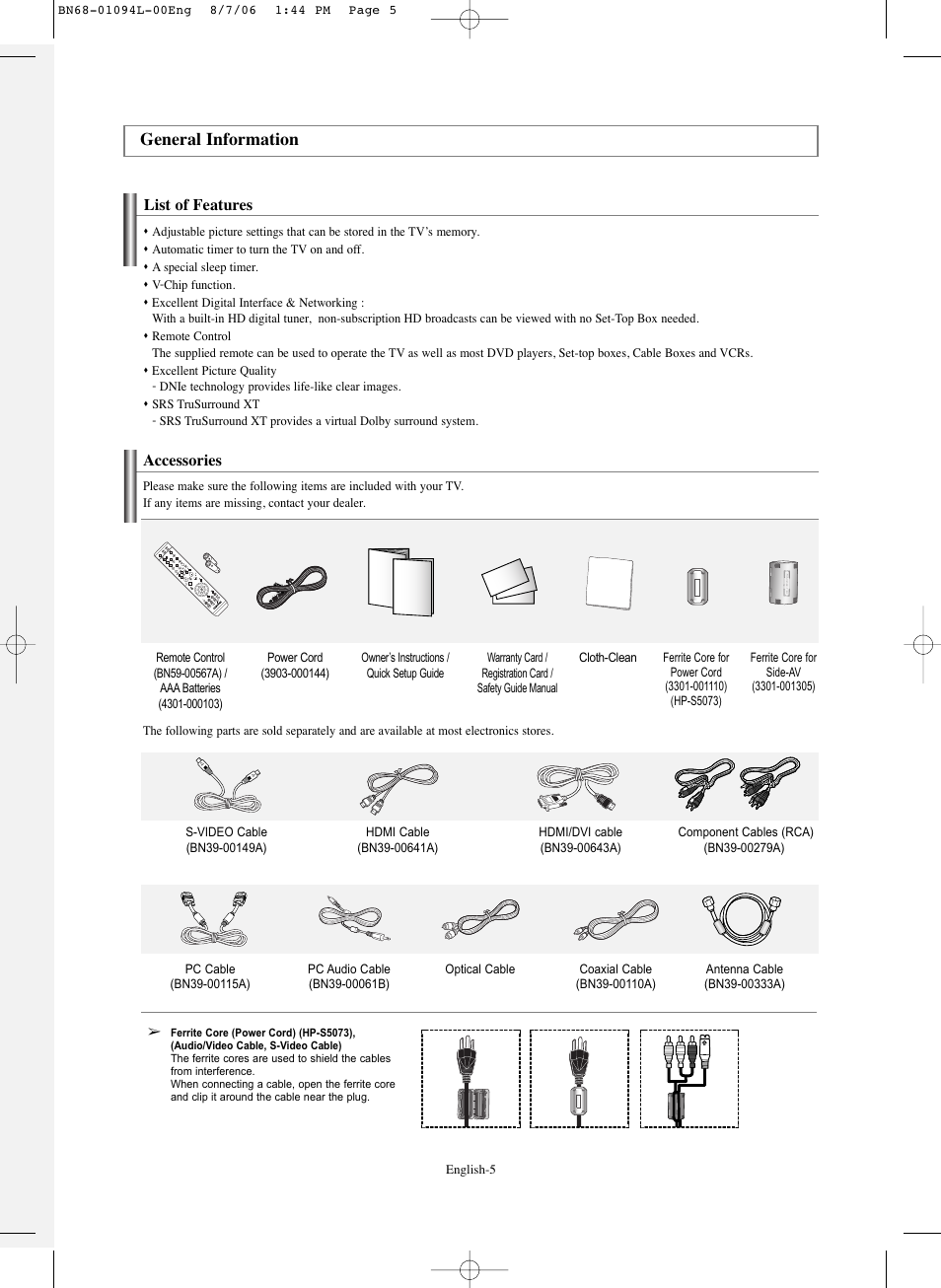 General information, List of features, Accessories | Samsung HPS5073X-XAA User Manual | Page 5 / 76