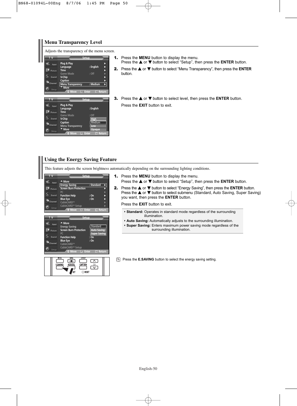 Menu transparency level, Using the energy saving feature | Samsung HPS5073X-XAA User Manual | Page 50 / 76