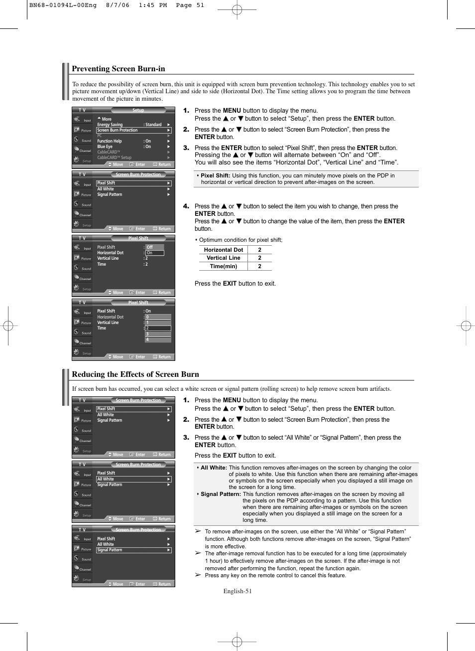 Preventing screen burn-in, Reducing the effects of screen burn | Samsung HPS5073X-XAA User Manual | Page 51 / 76