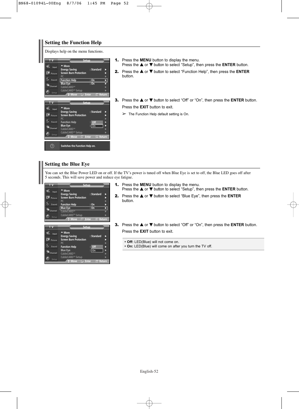 Setting the function help, Setting the blue eye, English-52 | Samsung HPS5073X-XAA User Manual | Page 52 / 76