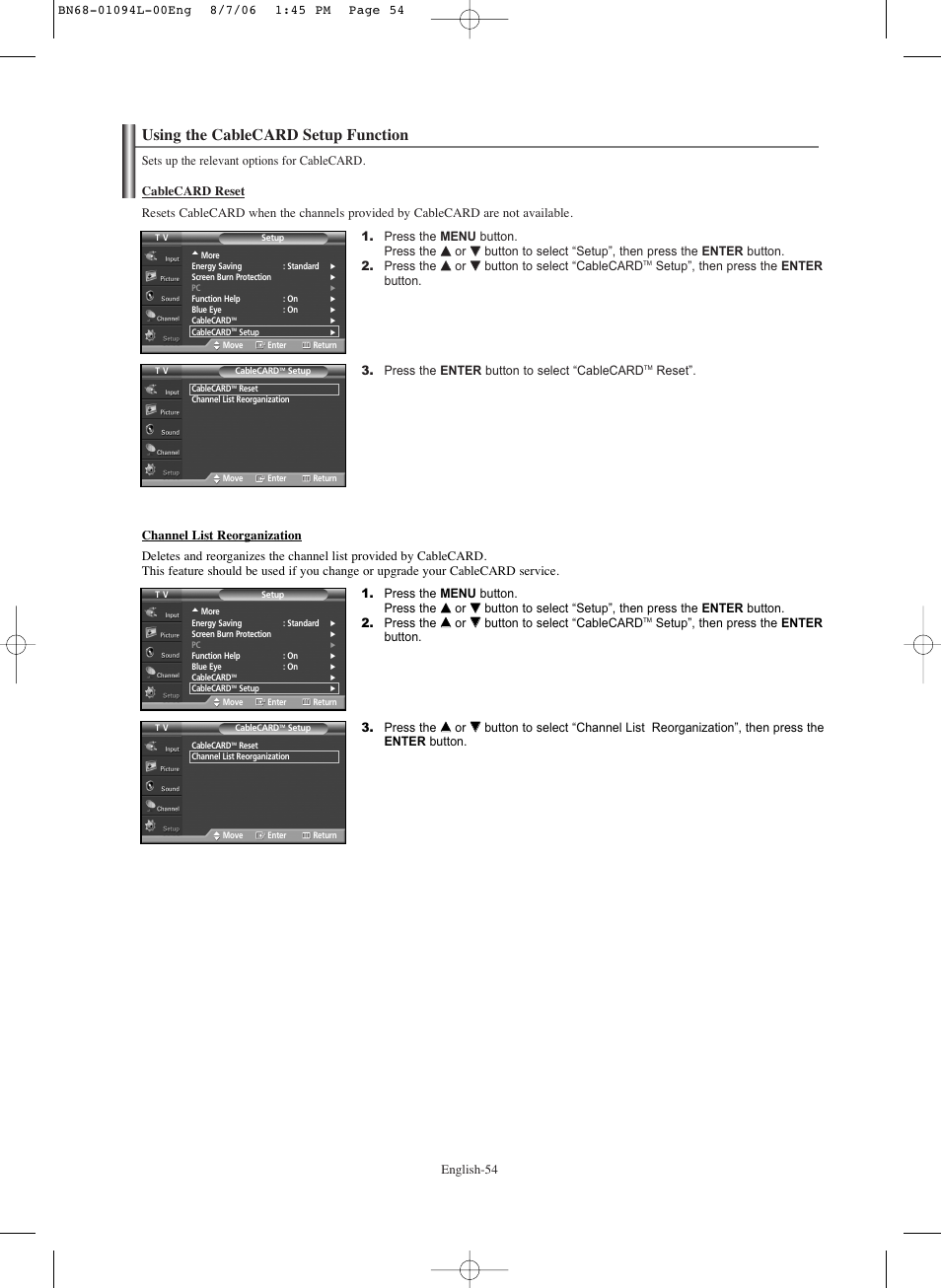 Using the cablecard setup function, English-54, Reset | Samsung HPS5073X-XAA User Manual | Page 54 / 76