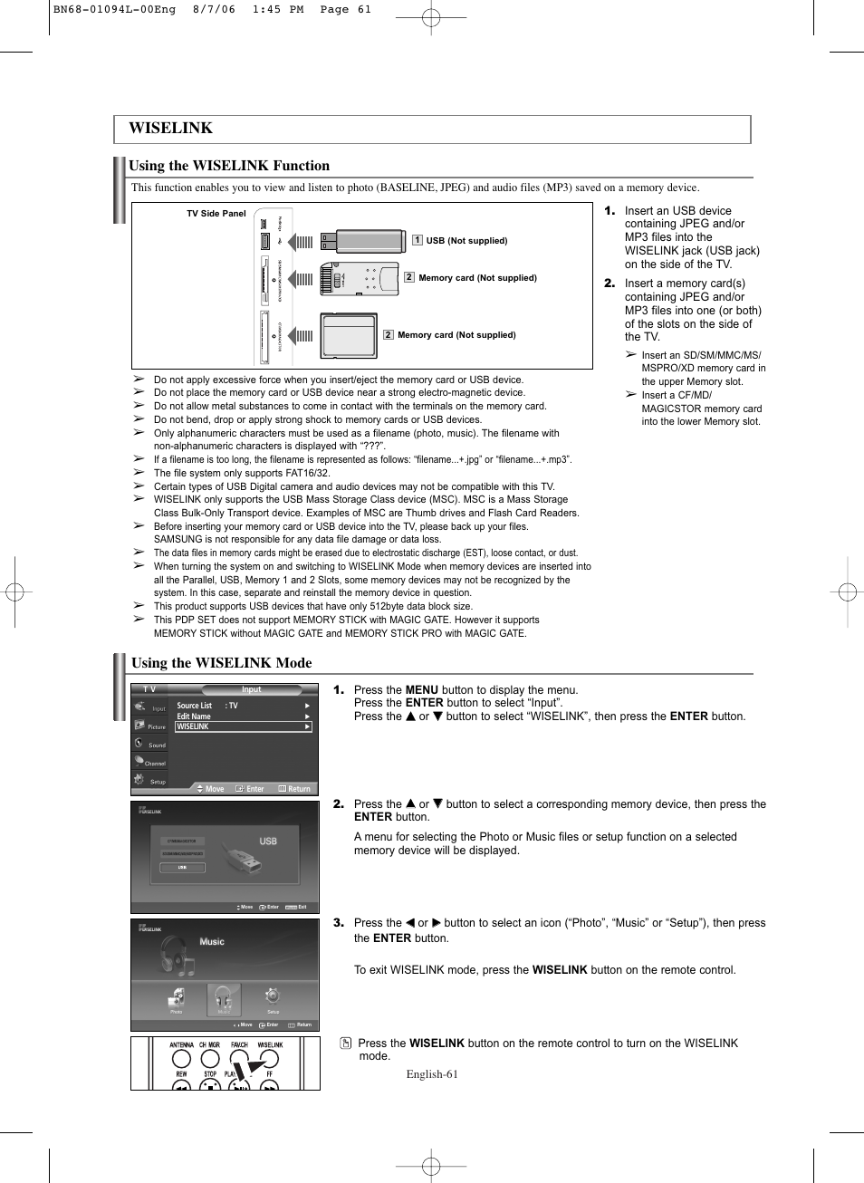Wiselink, Using the wiselink function, Using the wiselink mode | Samsung HPS5073X-XAA User Manual | Page 61 / 76