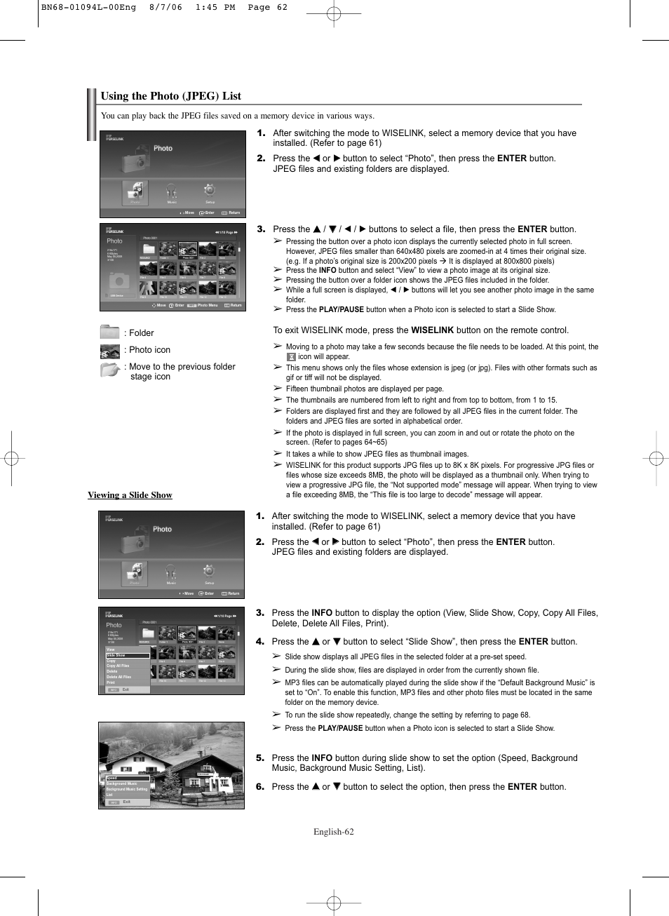 Using the photo(jpeg) list, Using the photo (jpeg) list | Samsung HPS5073X-XAA User Manual | Page 62 / 76