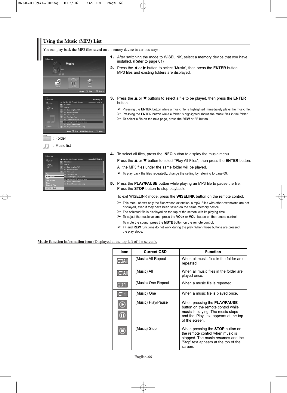 Using the music(mp3) list, Using the music (mp3) list, Folder : music list | Samsung HPS5073X-XAA User Manual | Page 66 / 76