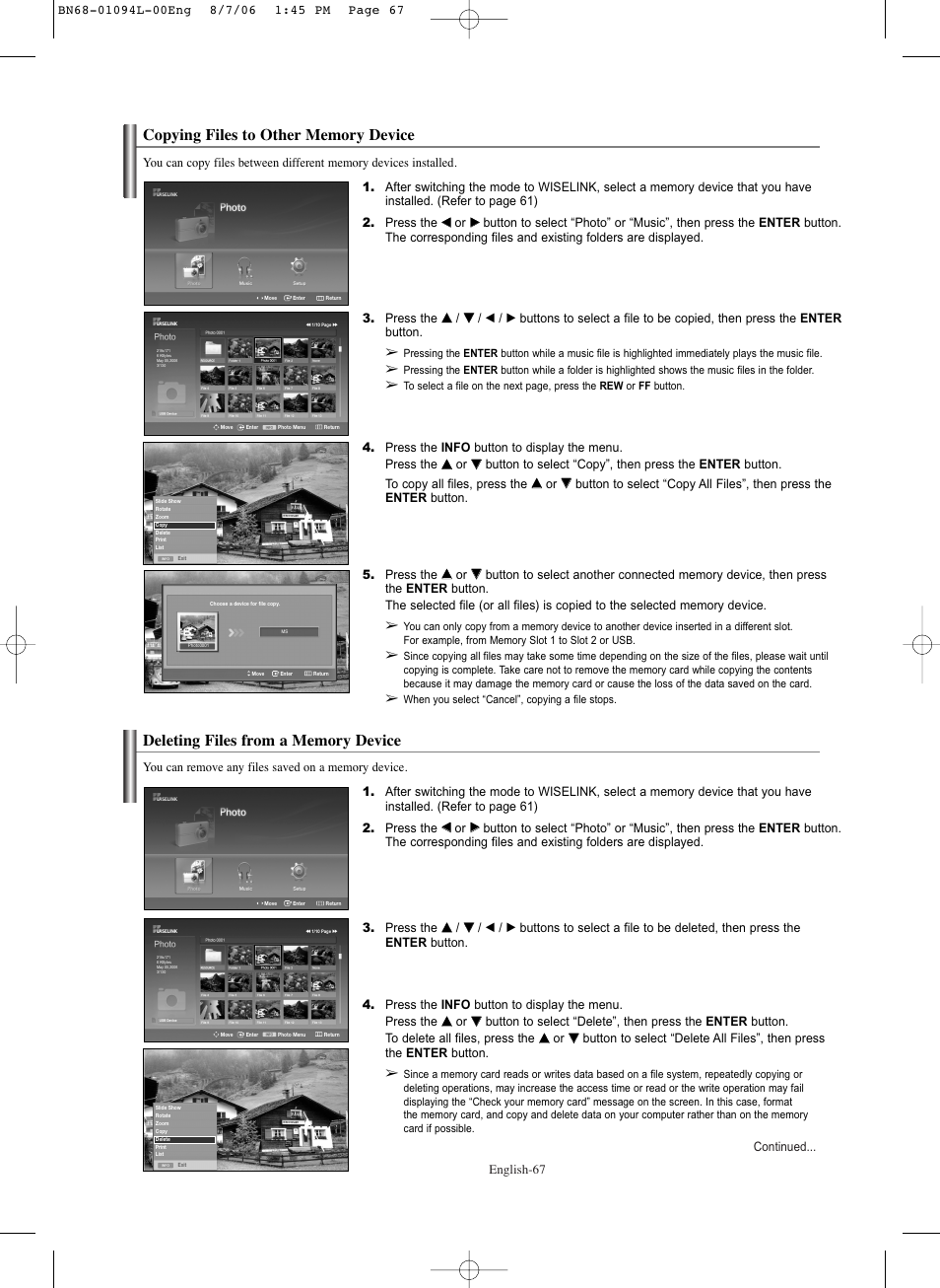Copying files to other memory device, Deleting files from a memory device | Samsung HPS5073X-XAA User Manual | Page 67 / 76