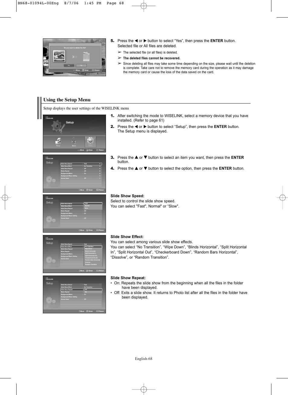 Using the setup menu, English-68, The selected file (or all files) is deleted | The deleted files cannot be recovered | Samsung HPS5073X-XAA User Manual | Page 68 / 76