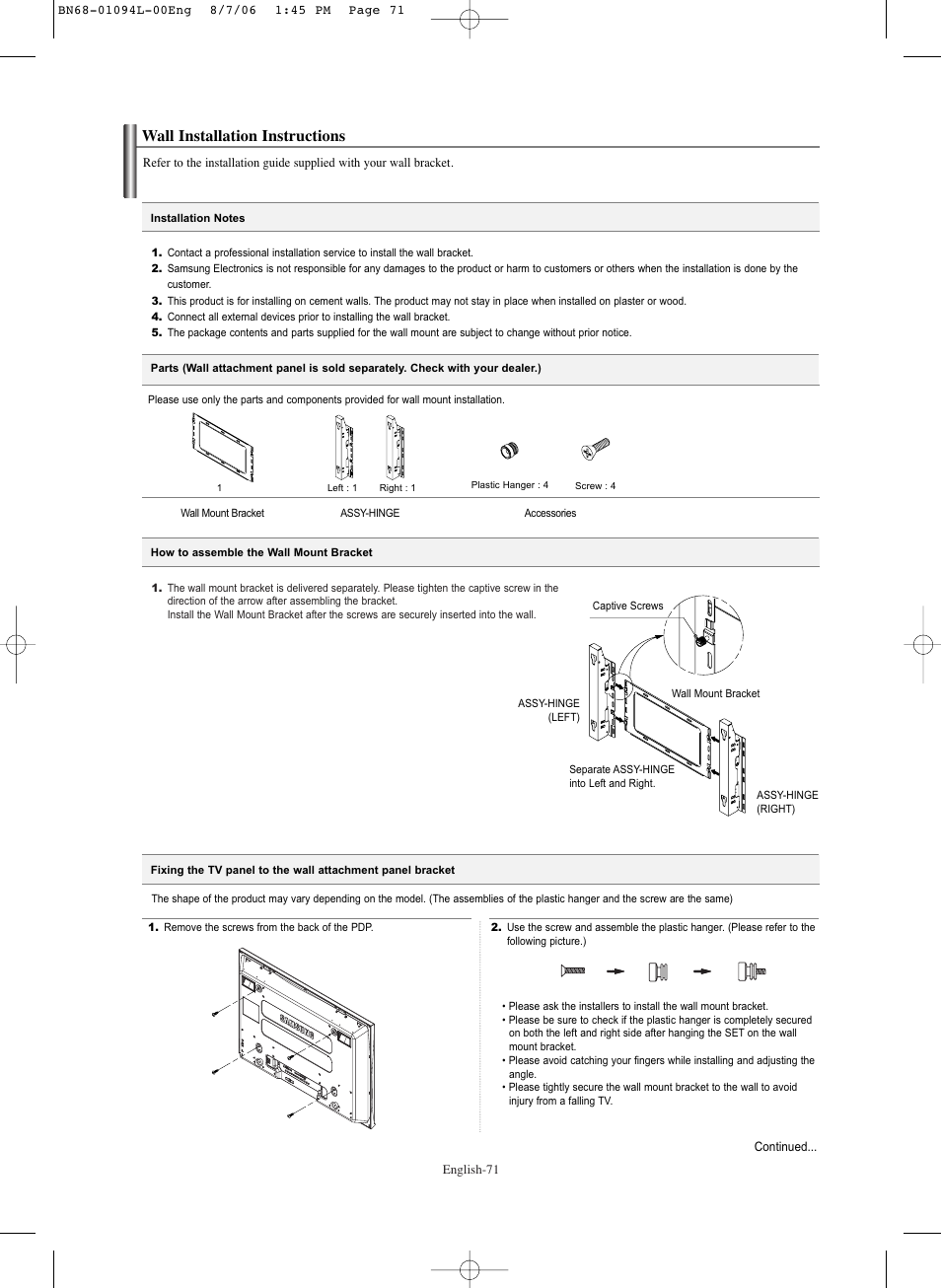 Wall installation instructions | Samsung HPS5073X-XAA User Manual | Page 71 / 76