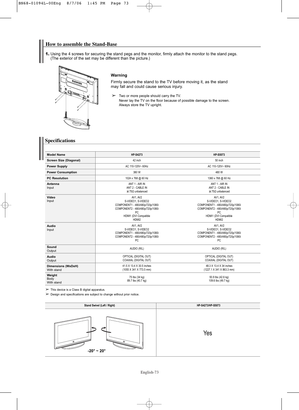 How to assemble the stand-base, Specifications | Samsung HPS5073X-XAA User Manual | Page 73 / 76