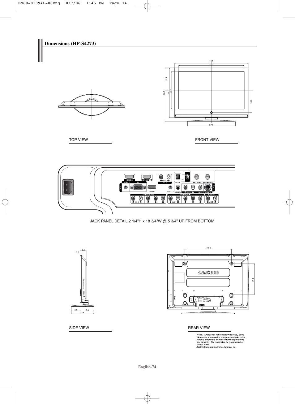 Dimensions(hp-s4273) | Samsung HPS5073X-XAA User Manual | Page 74 / 76