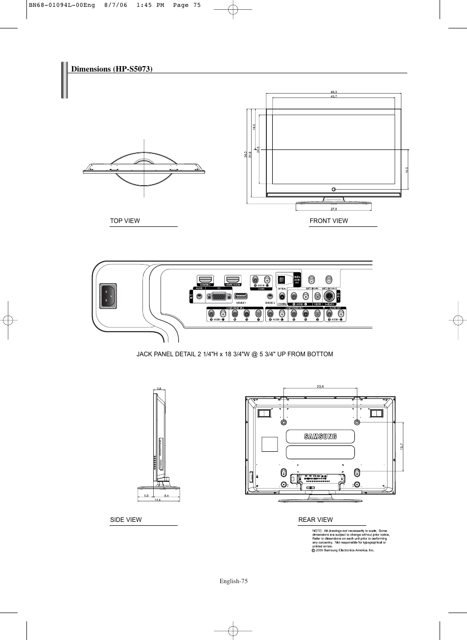 Dimensions(hp-s5073) | Samsung HPS5073X-XAA User Manual | Page 75 / 76