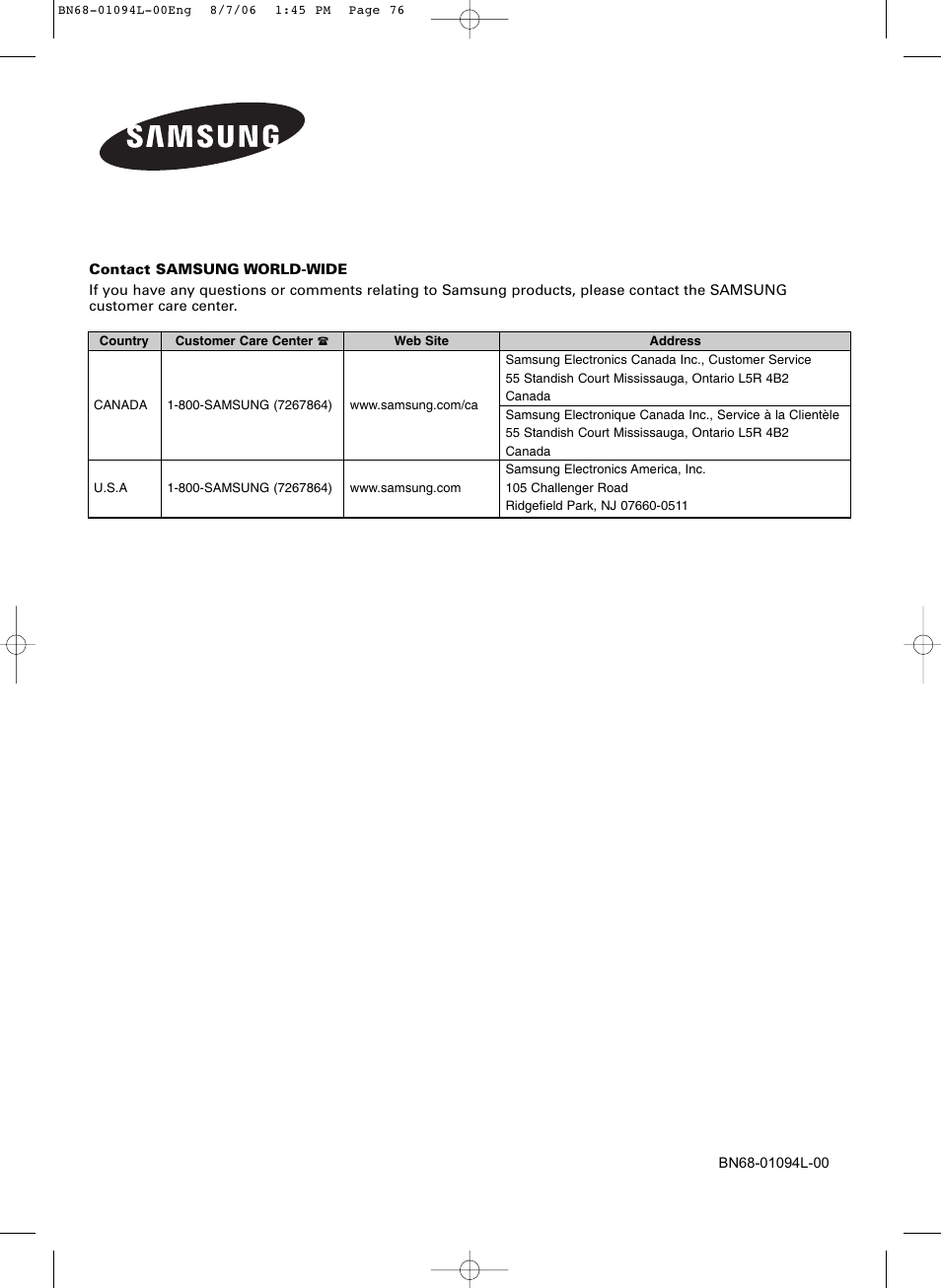 Samsung HPS5073X-XAA User Manual | Page 76 / 76
