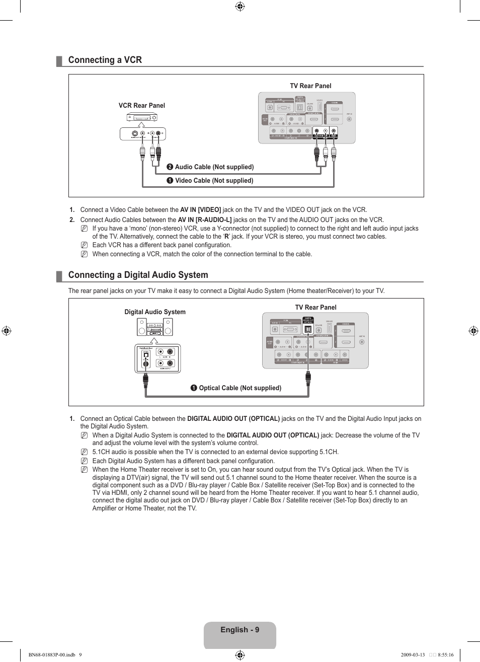 Connecting a vcr, Connecting a digital audio system | Samsung LN40B530P7NXZA User Manual | Page 11 / 83