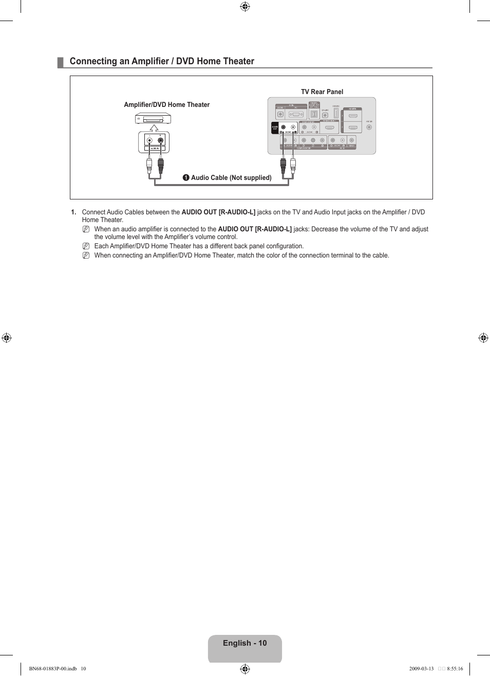 Connecting an amplifier / dvd home theater | Samsung LN40B530P7NXZA User Manual | Page 12 / 83