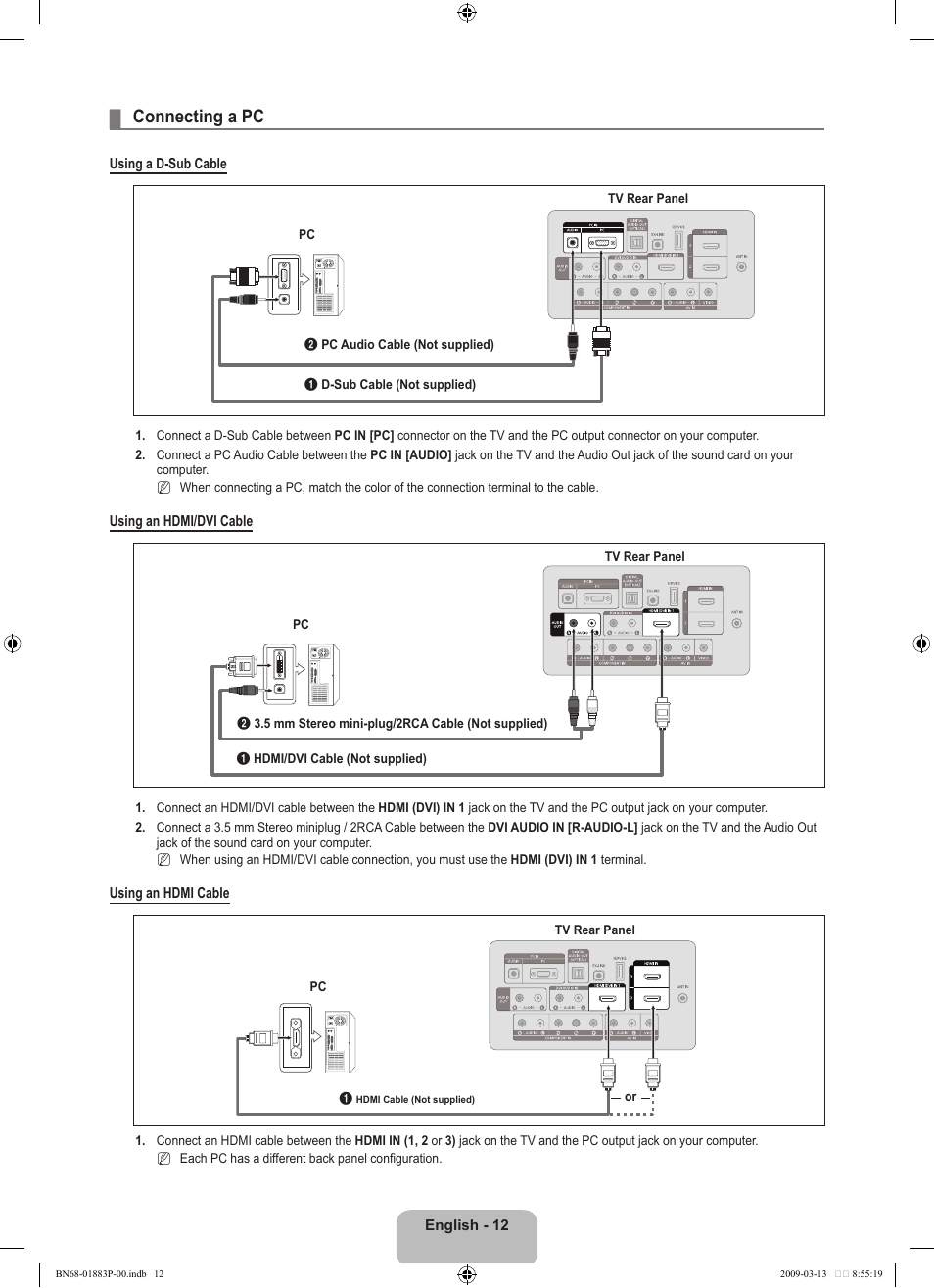 Connecting a pc | Samsung LN40B530P7NXZA User Manual | Page 14 / 83