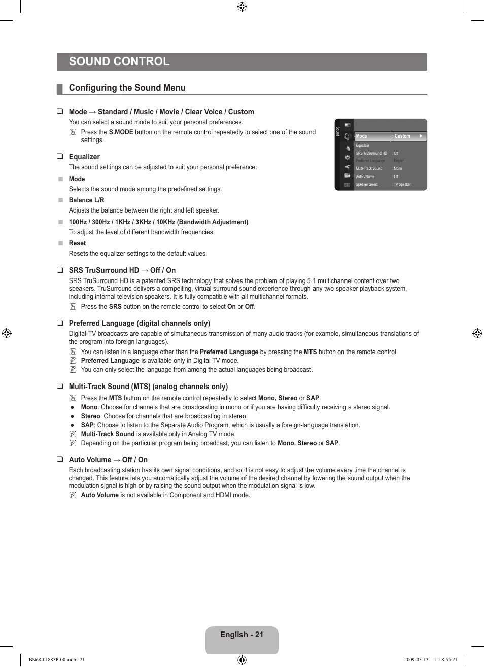 Sound control, Configuring the sound menu | Samsung LN40B530P7NXZA User Manual | Page 23 / 83