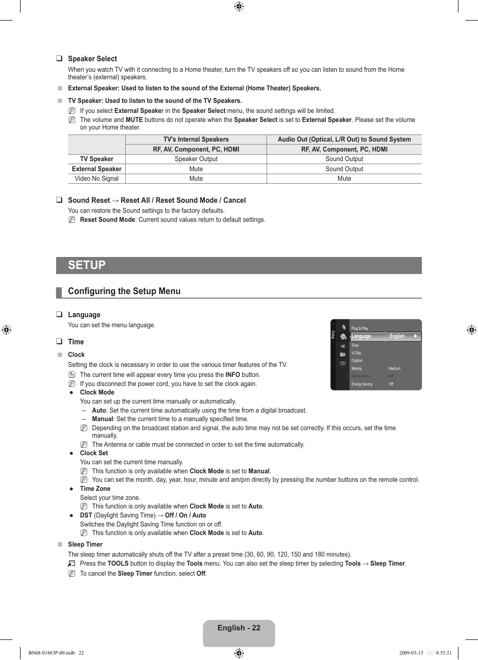 Setup, Configuring the setup menu | Samsung LN40B530P7NXZA User Manual | Page 24 / 83