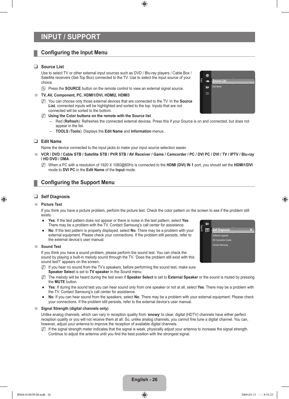 Input / support, Configuring the input menu, Configuring the support menu | Samsung LN40B530P7NXZA User Manual | Page 28 / 83