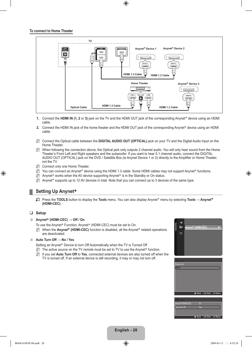 Setting up anynet, English - 28 to connect to home theater, Setup | Samsung LN40B530P7NXZA User Manual | Page 30 / 83