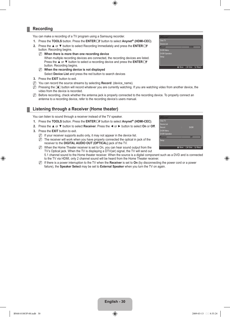 Recording, Listening through a receiver (home theater), English - 0 | Samsung LN40B530P7NXZA User Manual | Page 32 / 83
