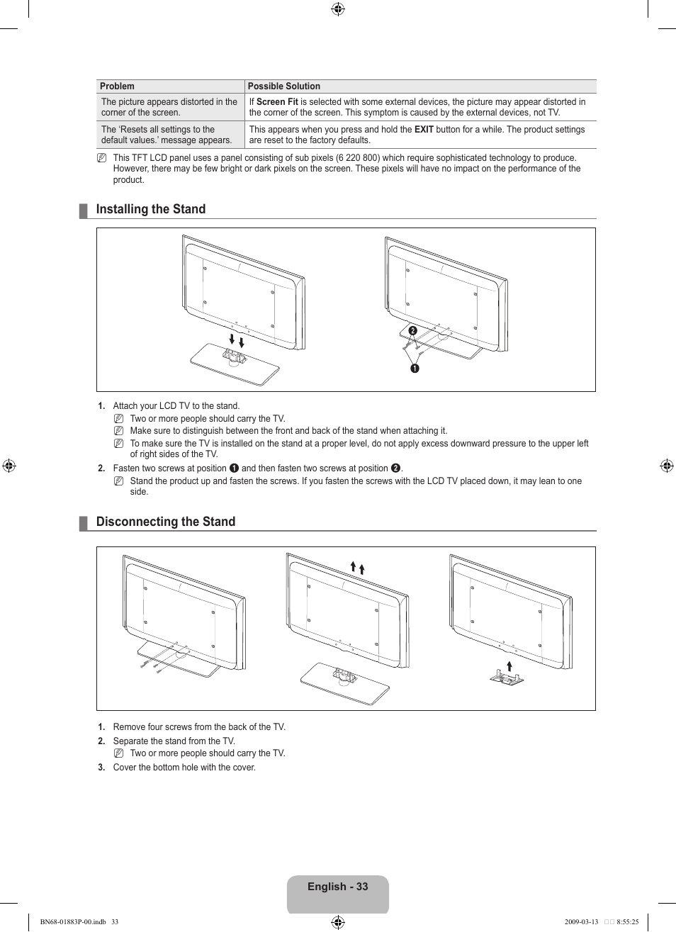 Installing the stand, Disconnecting the stand | Samsung LN40B530P7NXZA User Manual | Page 35 / 83