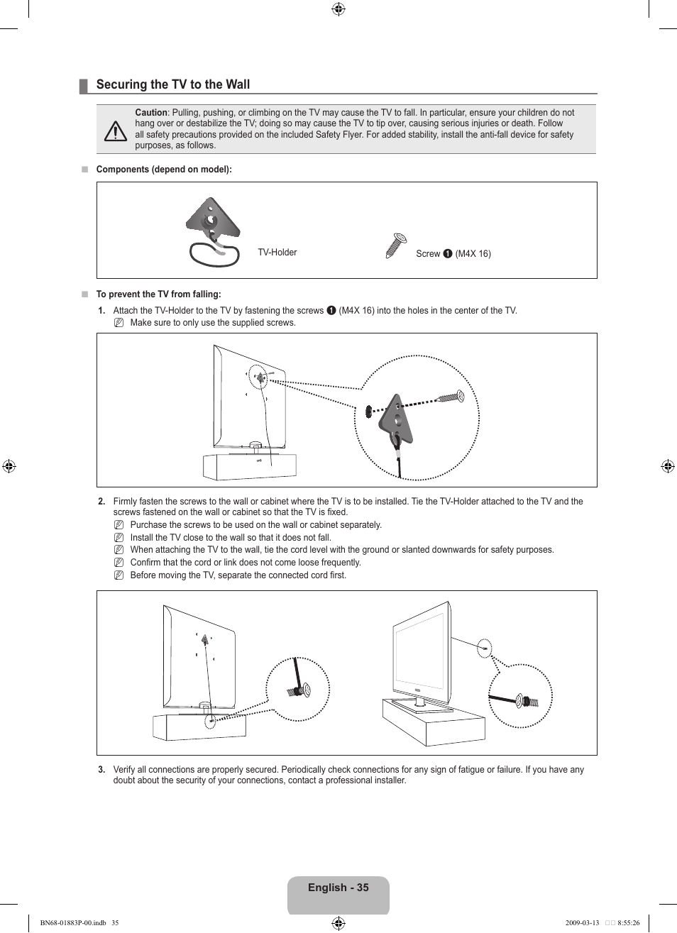 Securing the tv to the wall | Samsung LN40B530P7NXZA User Manual | Page 37 / 83