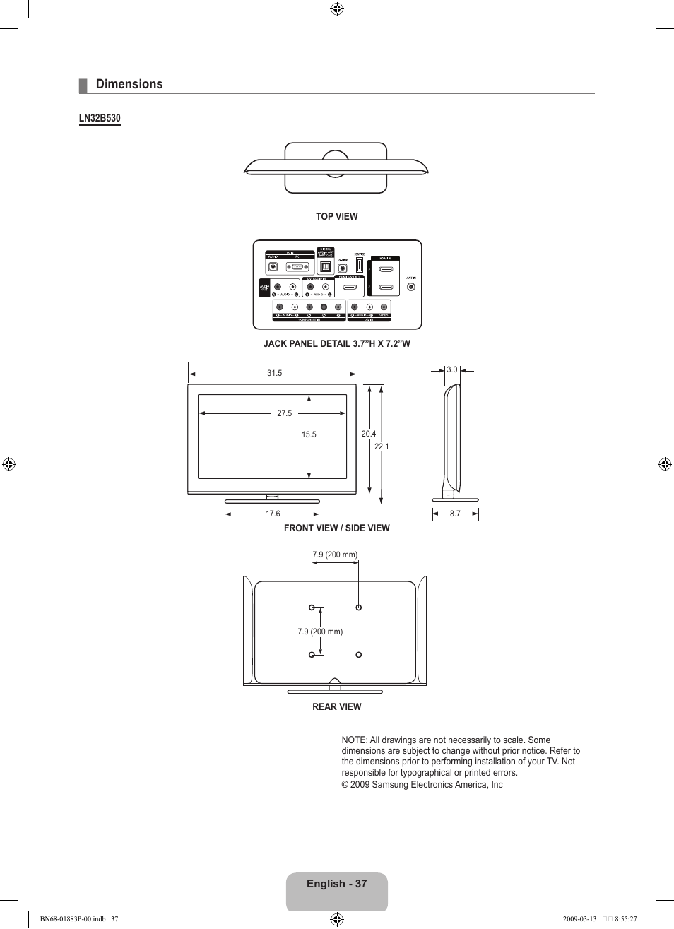 Dimensions | Samsung LN40B530P7NXZA User Manual | Page 39 / 83
