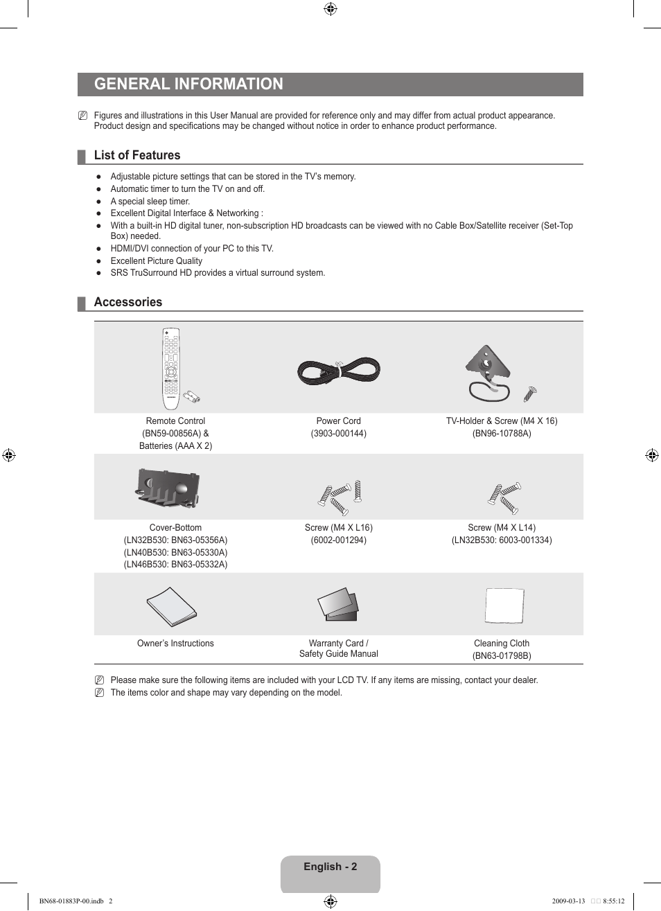 General information, List of features, Accessories | Samsung LN40B530P7NXZA User Manual | Page 4 / 83