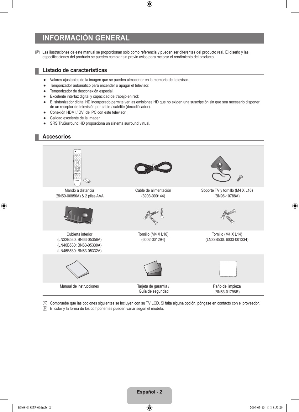 Información general, Listado de características, Accesorios | Samsung LN40B530P7NXZA User Manual | Page 45 / 83
