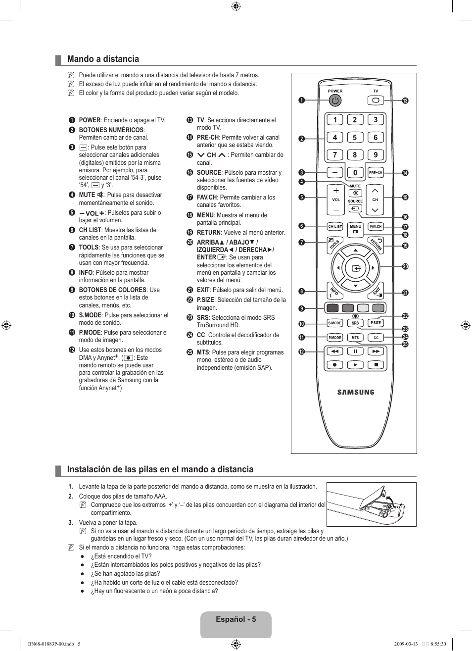 Mando a distancia, Instalación de las pilas en el mando a distancia | Samsung LN40B530P7NXZA User Manual | Page 48 / 83