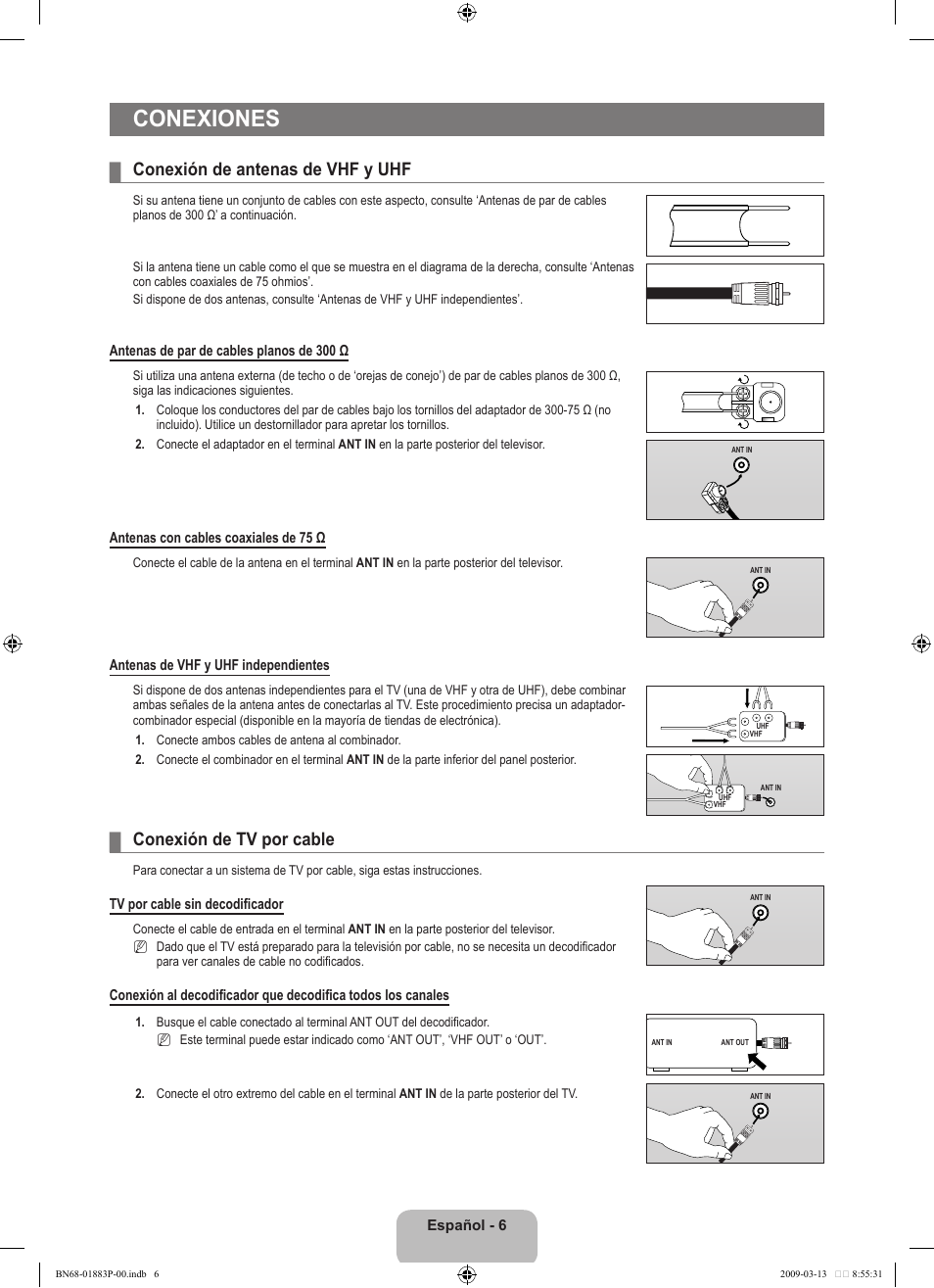 Conexiones, Conexión de antenas de vhf y uhf, Conexión de tv por cable | Samsung LN40B530P7NXZA User Manual | Page 49 / 83