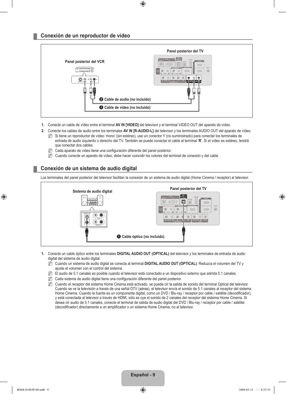 Conexión de un reproductor de vídeo, Conexión de un sistema de audio digital | Samsung LN40B530P7NXZA User Manual | Page 52 / 83