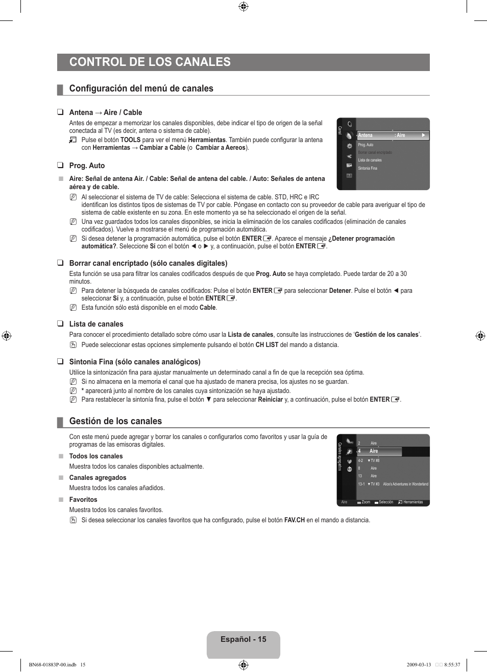 Control de los canales, Configuración del menú de canales, Gestión de los canales | Samsung LN40B530P7NXZA User Manual | Page 58 / 83