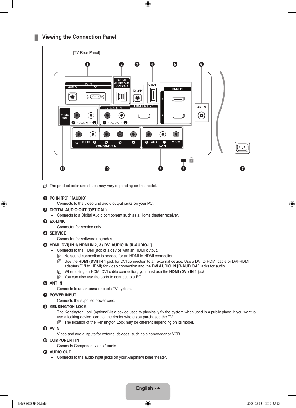 Viewing the connection panel | Samsung LN40B530P7NXZA User Manual | Page 6 / 83