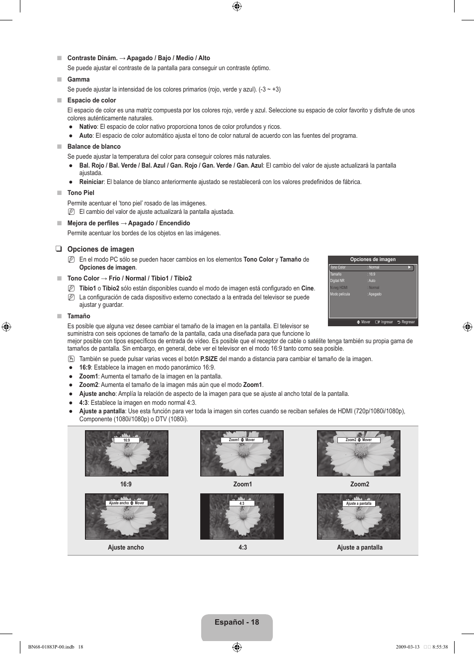 Español - 18, Opciones de imagen | Samsung LN40B530P7NXZA User Manual | Page 61 / 83