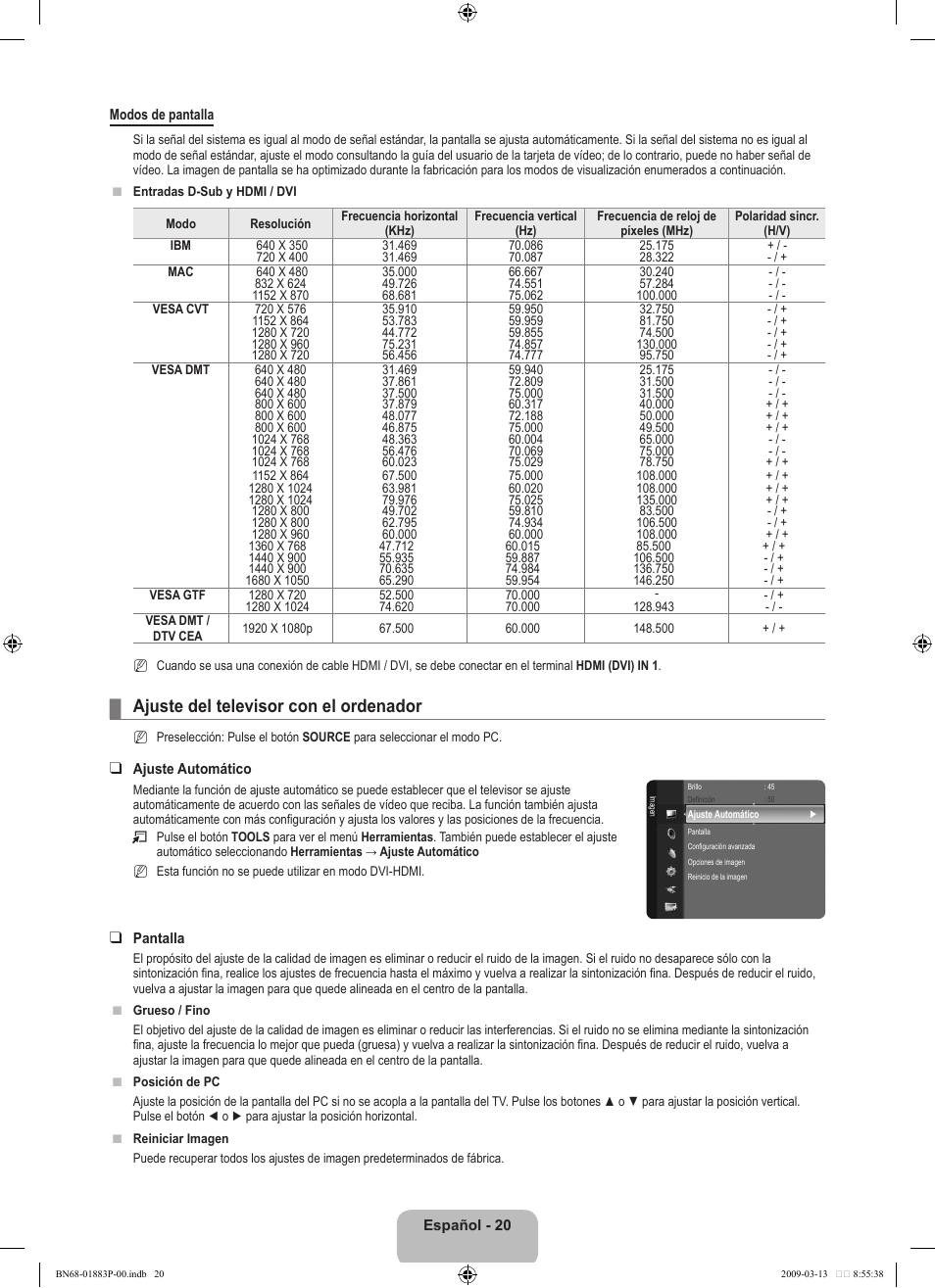 Ajuste del televisor con el ordenador | Samsung LN40B530P7NXZA User Manual | Page 63 / 83