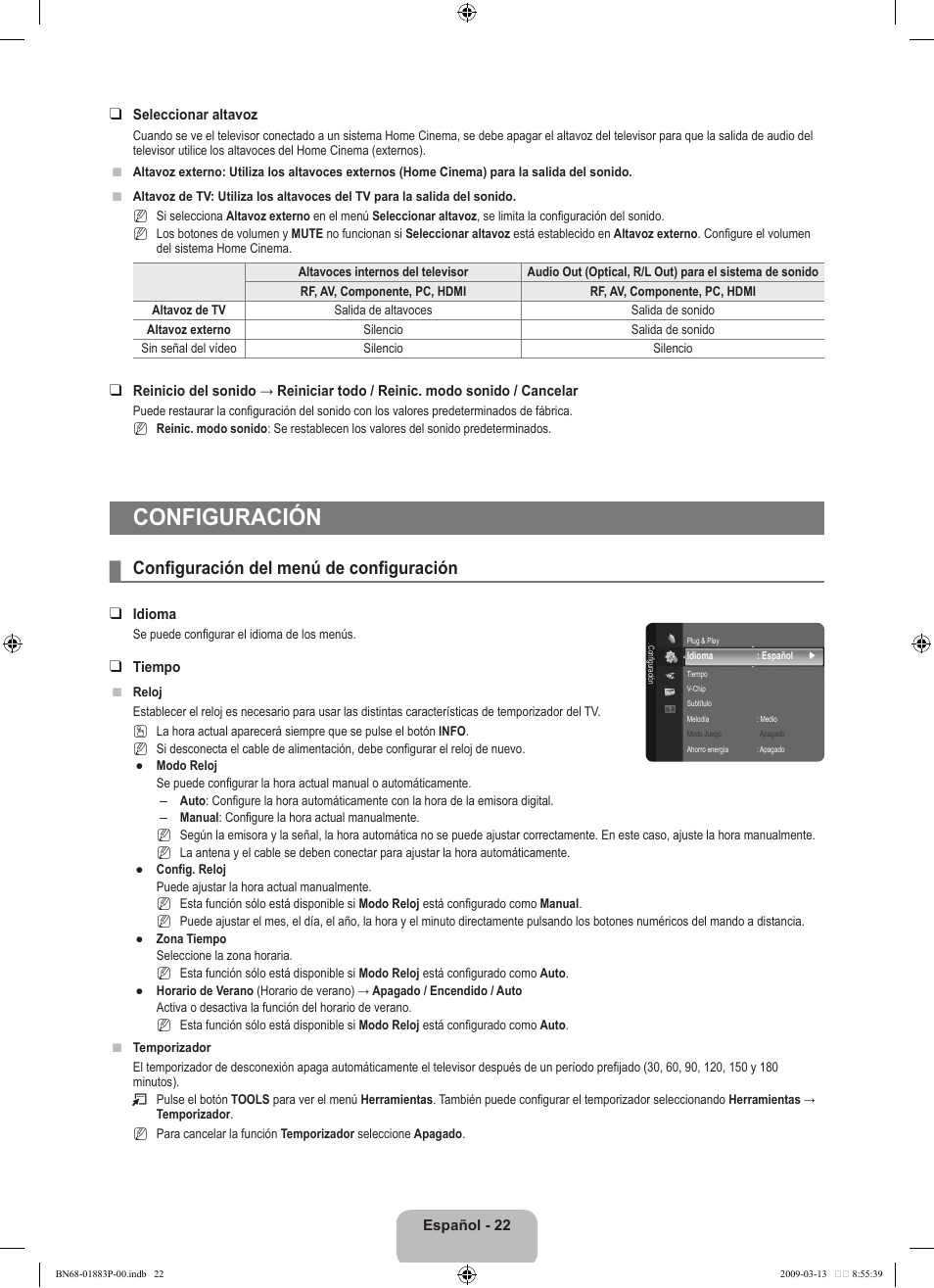 Configuración, Configuración del menú de configuración | Samsung LN40B530P7NXZA User Manual | Page 65 / 83