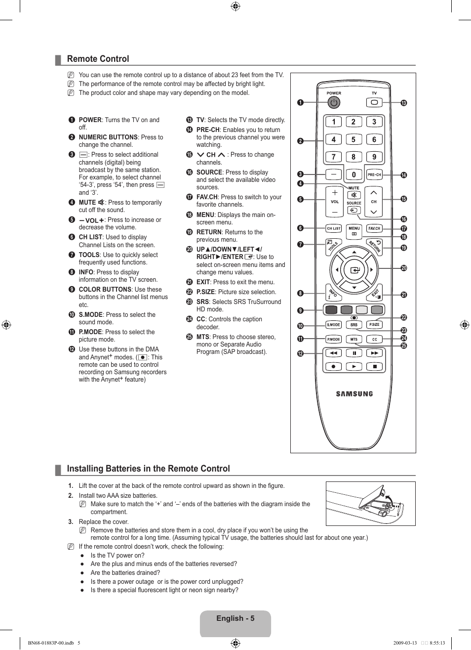 Remote control, Installing batteries in the remote control | Samsung LN40B530P7NXZA User Manual | Page 7 / 83