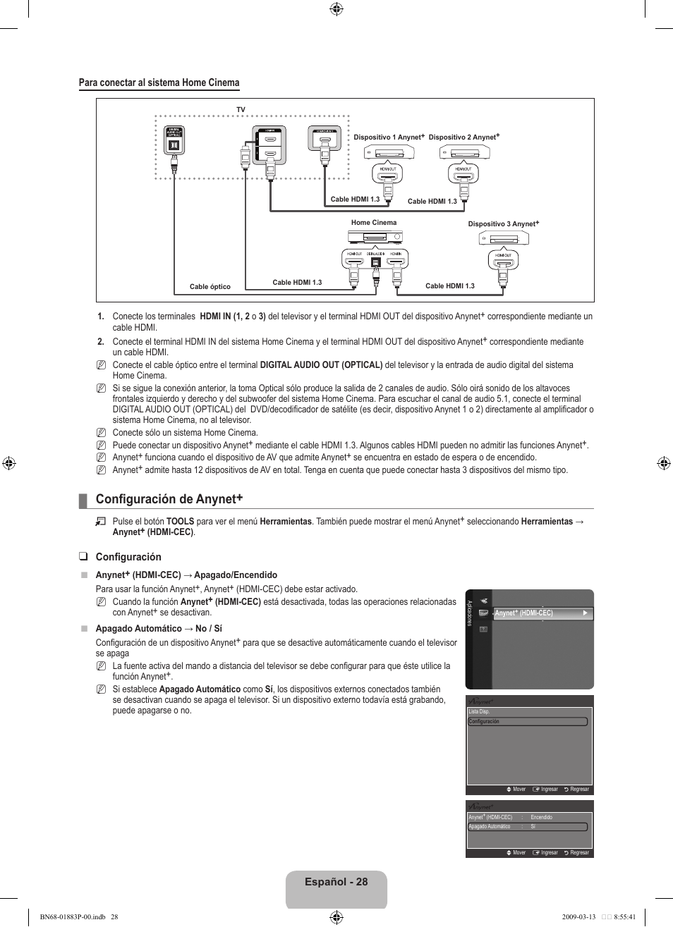 Configuración de anynet, Español - 28 para conectar al sistema home cinema, Configuración | Samsung LN40B530P7NXZA User Manual | Page 71 / 83