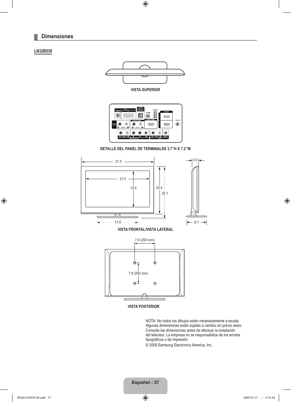 Dimensiones | Samsung LN40B530P7NXZA User Manual | Page 80 / 83