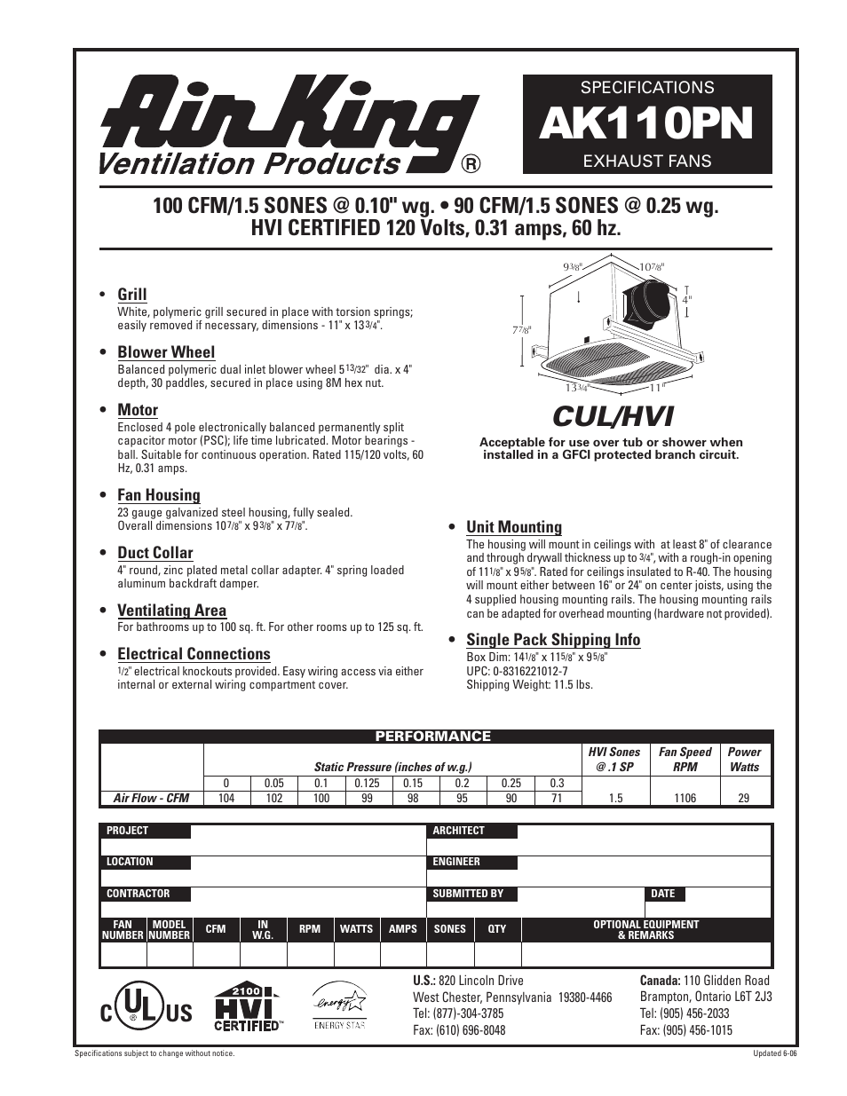 Air King Exhaust Fan AK110PN User Manual | 1 page