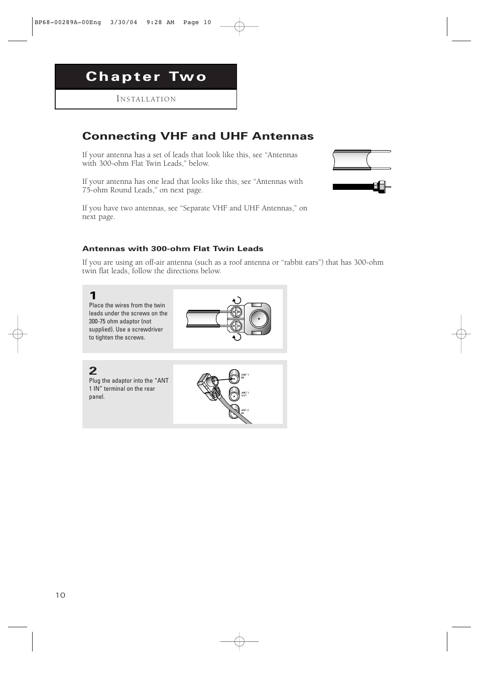Chapter 2: installation, Connecting vhf and uhf antennas, Antennas with 300-ohm flat twin leads | Samsung HCP4252WX-XAC User Manual | Page 10 / 68